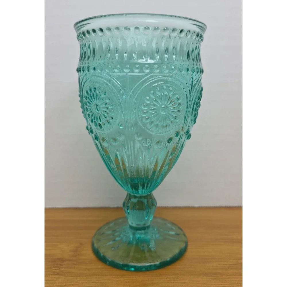 The Pioneer Woman ADELINE Turquoise Blue/Green Glass Footed 12 oz. Water Goblet